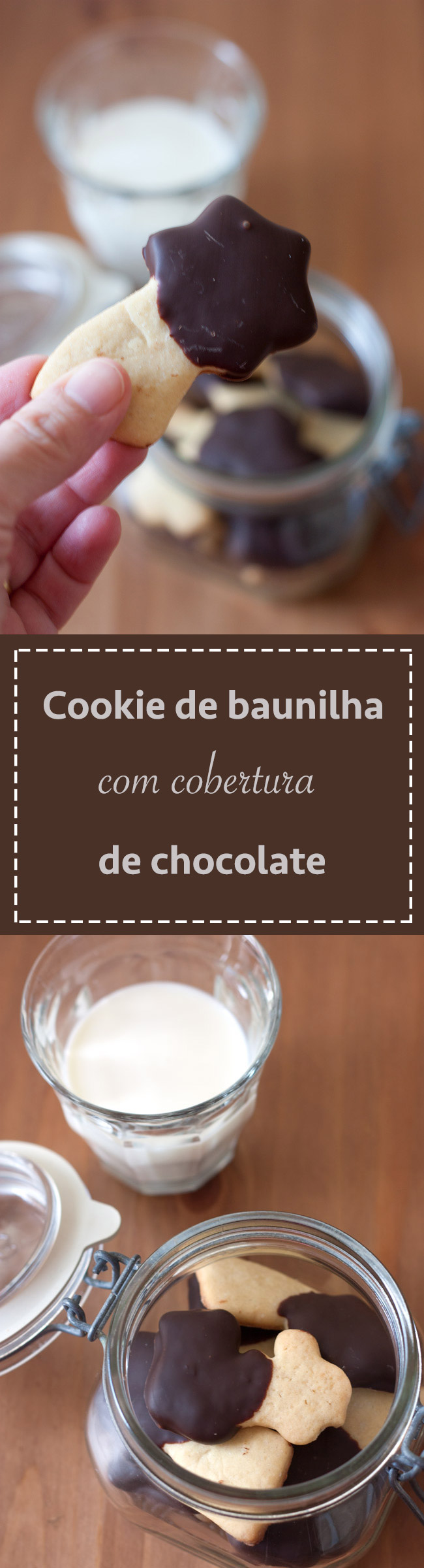 Delicioso cookie de baunilha com cobertura de chocolate. Fácil de fazer, com sabor de baunilha na medida certa, perfeito para comer com um cafezinho ou um copo de leite puro.